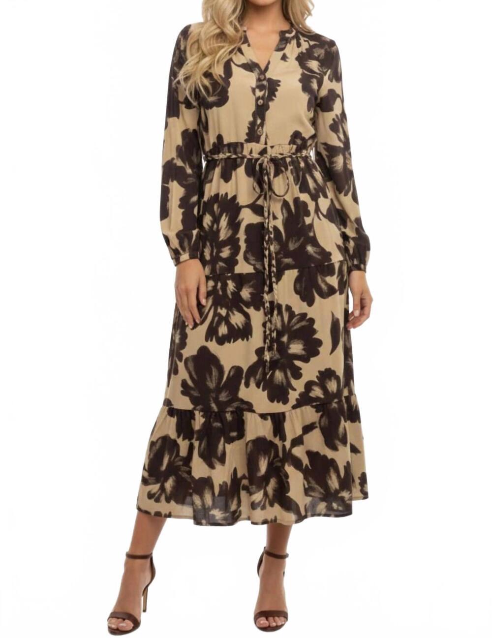 NEW ABS COLLECTION earthy tiered midi floral dress in cream brown